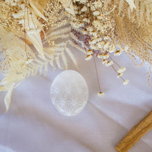 Load image into Gallery viewer, Flower of Life Etched Selenite Palm Stone, for Purification & Protection