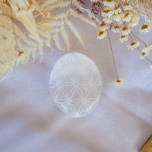 Load image into Gallery viewer, Flower of Life Etched Selenite Palm Stone, for Purification & Protection