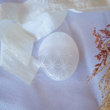 Load image into Gallery viewer, Flower of Life Etched Selenite Palm Stone, for Purification & Protection