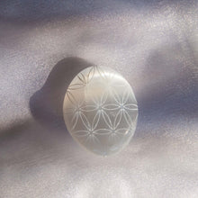 Load image into Gallery viewer, Flower of Life Etched Selenite Palm Stone, for Purification & Protection