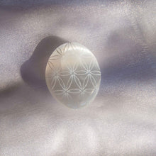 Load image into Gallery viewer, Flower of Life Etched Selenite Palm Stone, for Purification & Protection