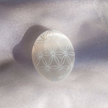 Load image into Gallery viewer, Flower of Life Etched Selenite Palm Stone, for Purification & Protection