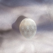 Load image into Gallery viewer, Flower of Life Etched Selenite Palm Stone, for Purification & Protection