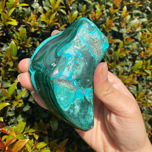 Polished Blue Chrysocolla Crystal with Green Malachite Freeform