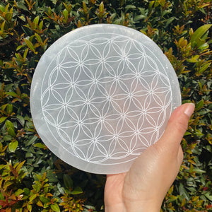 Large Selenite Carved Flower of Life Carved Plate