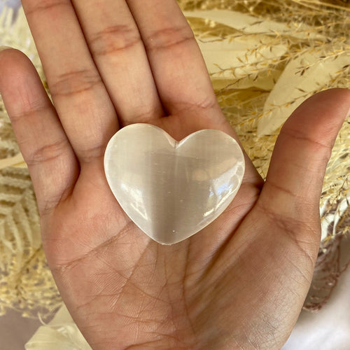 Polished White Selenite Crystal Heart Handstone