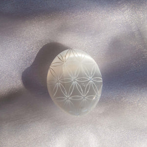 Flower of Life Etched Selenite Palm Stone, for Purification & Protection