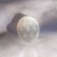 Load image into Gallery viewer, Flower of Life Etched Selenite Palm Stone, for Purification &amp; Protection