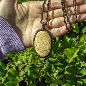 Coral Fossil Pendant Macrame Necklace for Longevity & Grounding